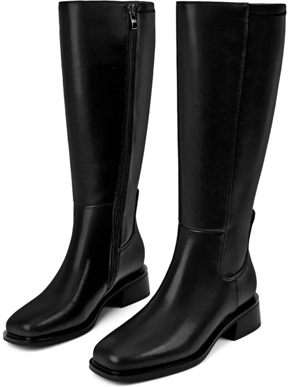 Women's Black Wide Calf Faux Leather Square Toe Knee High With Side Zipper Boot